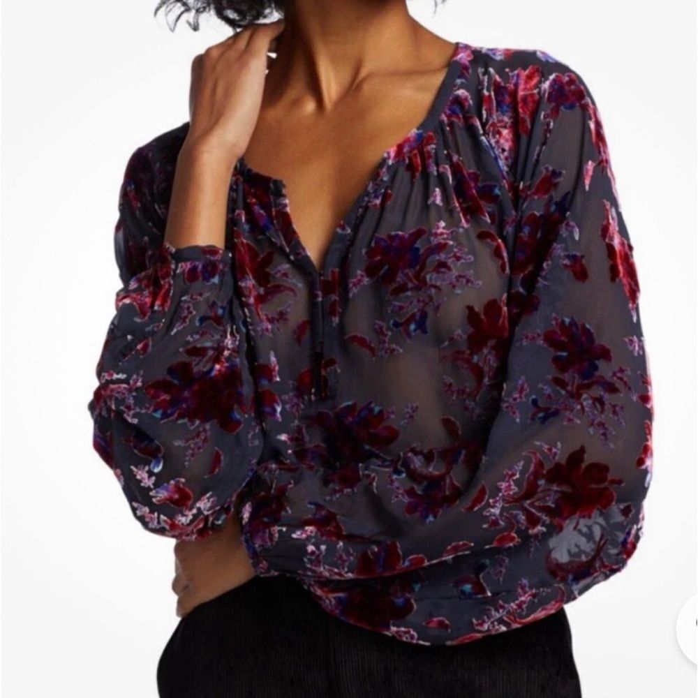 Rag & Bone Blouse Women's XXS Purple Floral Velvet Burnout Top Boho